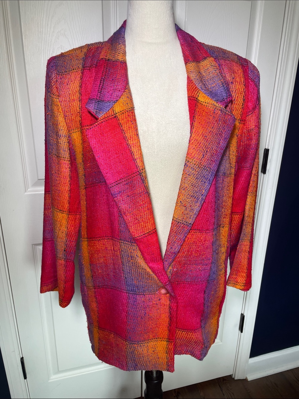 VTG 80s Rafaella Italy Silk LinenWoven Plaid Blazer Jacket Pink Orange Oversized